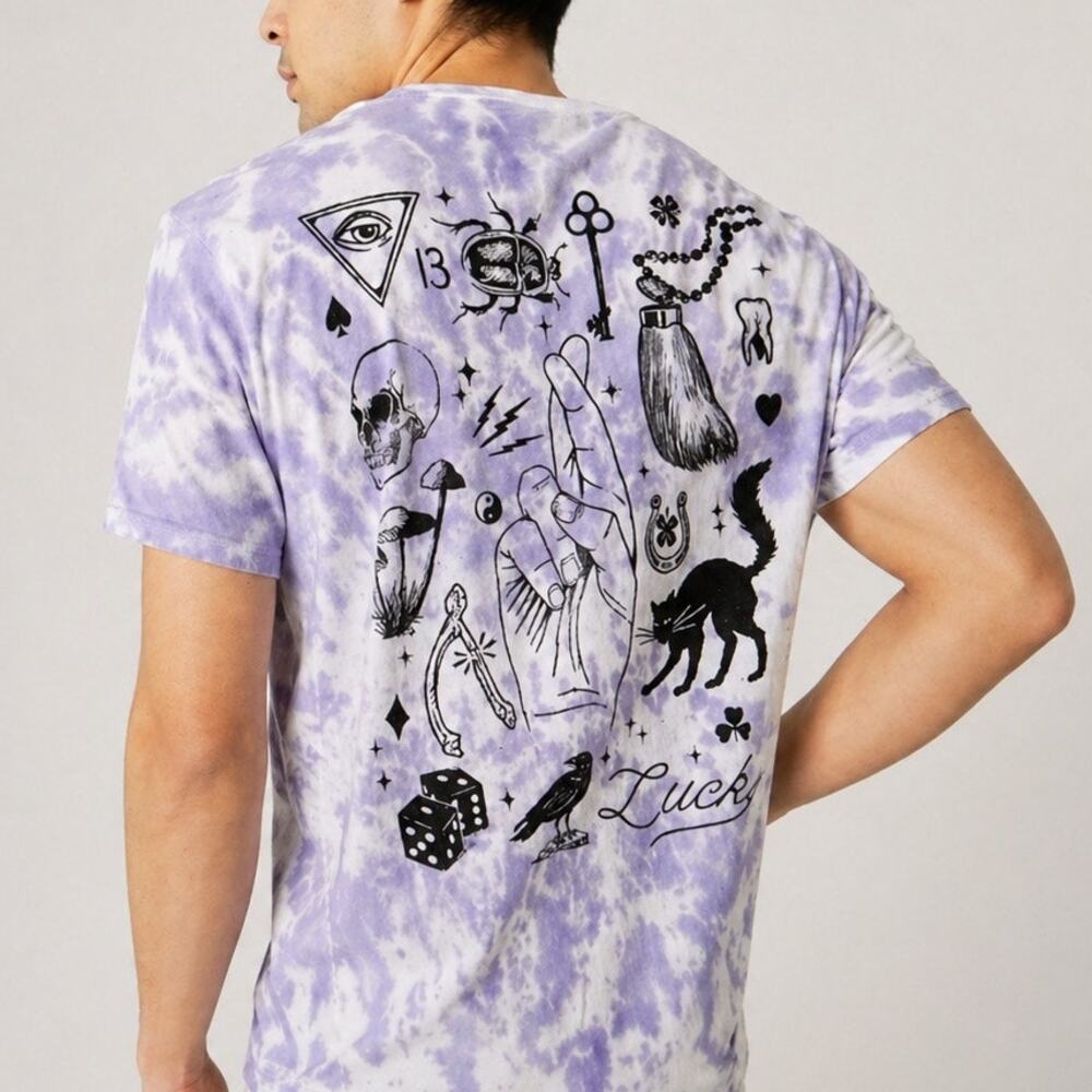 Lucky Brand Tie Dye Graphic Tee Men’s M Purple White NWT Crew Neck